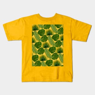 Tropical Leaf Scatter Pattern on Yellow Kids T-Shirt